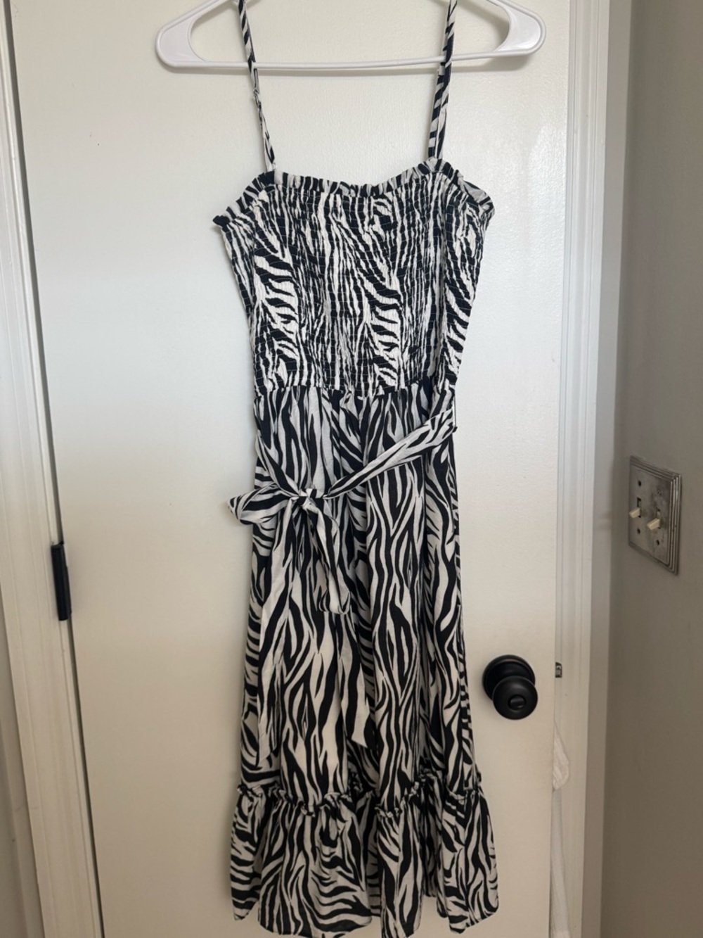 Zebra Print Spaghetti Strap Midi Dress - Black & White